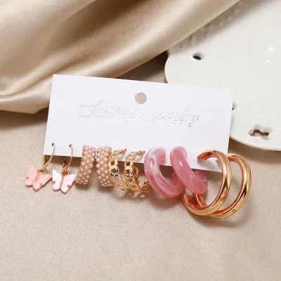 Korean Fashion Pink Butterfly Drop Earrings Set (5 pairs)